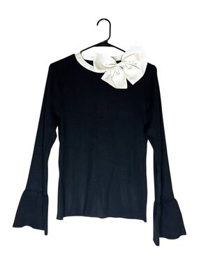 CACHE Black Ribbed Bell Cuff Long-Sleeve Top with Ivory Bow Accent Sz M
